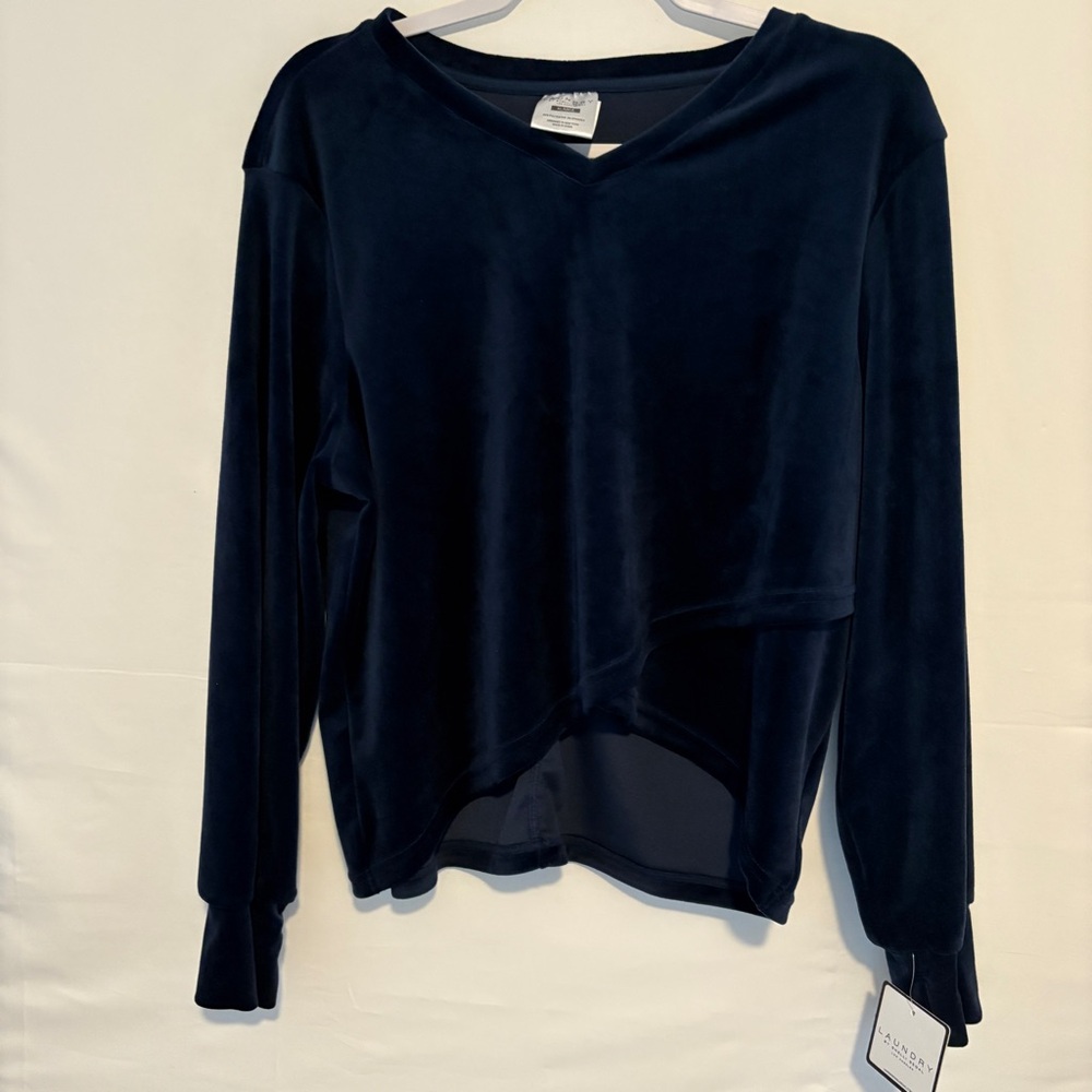 NWT Womens XLarge Laundry By Shelli Segal Navy Velvet Longer Back Top Blouse